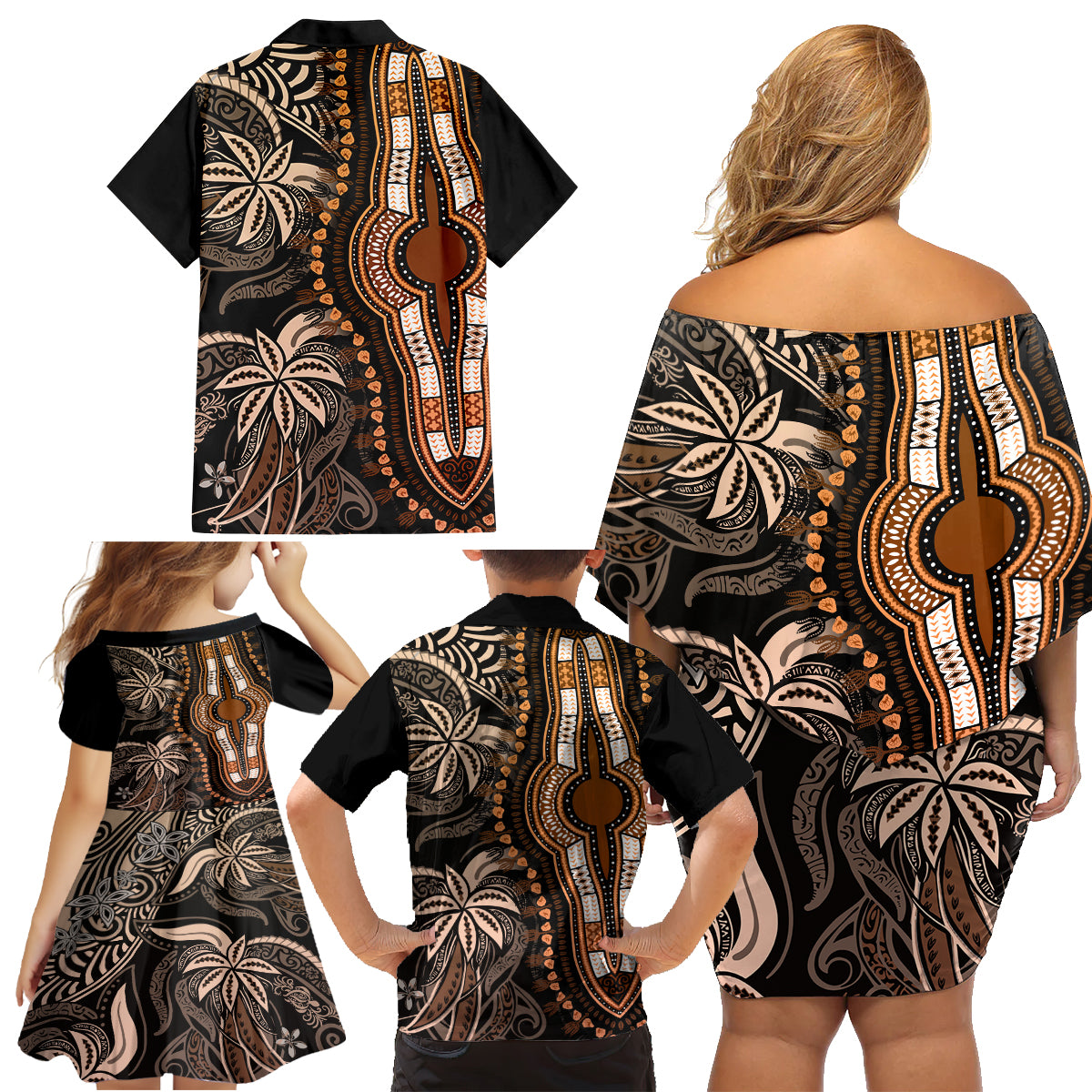 Polynesia Dashiki Family Matching Off Shoulder Short Dress and Hawaiian Shirt Polynesia and Africa Traditional Special Together Gold LT9 - Wonder Print Shop