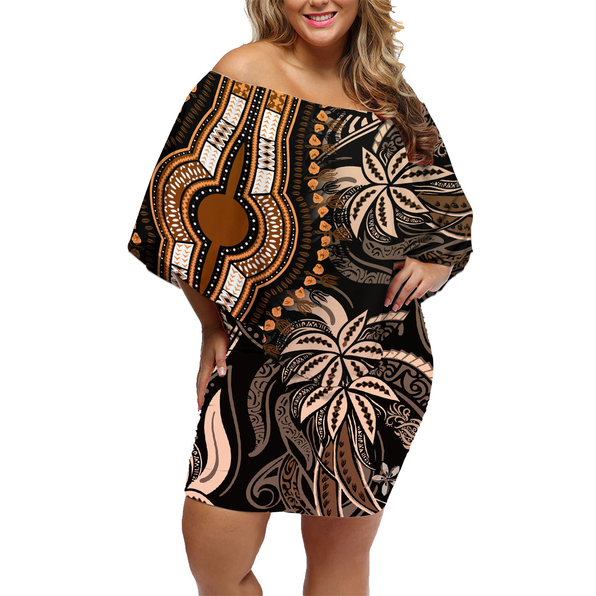 Polynesia Dashiki Family Matching Off Shoulder Short Dress and Hawaiian Shirt Polynesia and Africa Traditional Special Together Gold LT9 - Wonder Print Shop