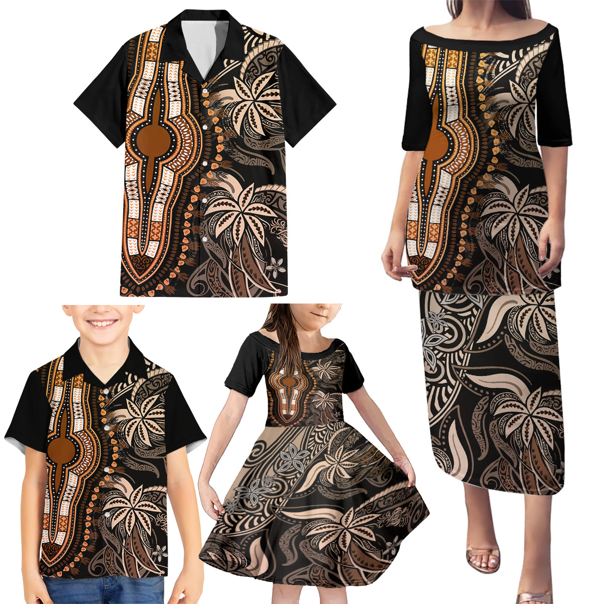 Polynesia Dashiki Family Matching Puletasi Dress and Hawaiian Shirt Polynesia and Africa Traditional Special Together Gold - Wonder Print Shop