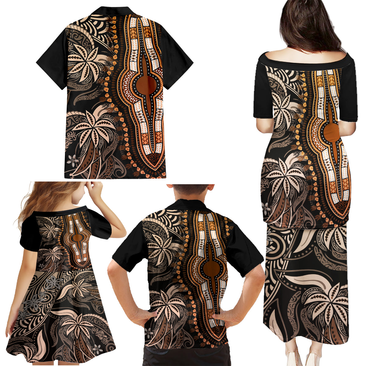 Polynesia Dashiki Family Matching Puletasi Dress and Hawaiian Shirt Polynesia and Africa Traditional Special Together Gold - Wonder Print Shop