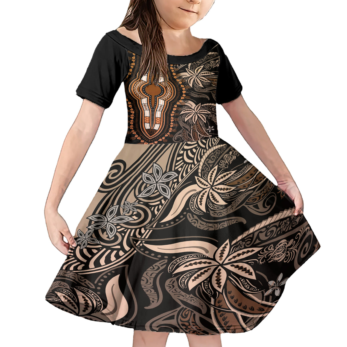 Polynesia Dashiki Family Matching Short Sleeve Bodycon Dress and Hawaiian Shirt Polynesia and Africa Traditional Special Together Gold - Wonder Print Shop