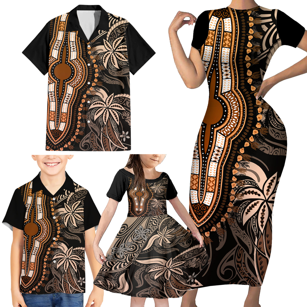 Polynesia Dashiki Family Matching Short Sleeve Bodycon Dress and Hawaiian Shirt Polynesia and Africa Traditional Special Together Gold - Wonder Print Shop