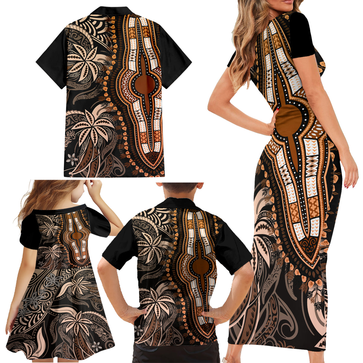 Polynesia Dashiki Family Matching Short Sleeve Bodycon Dress and Hawaiian Shirt Polynesia and Africa Traditional Special Together Gold - Wonder Print Shop