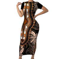 Polynesia Dashiki Family Matching Short Sleeve Bodycon Dress and Hawaiian Shirt Polynesia and Africa Traditional Special Together Gold - Wonder Print Shop