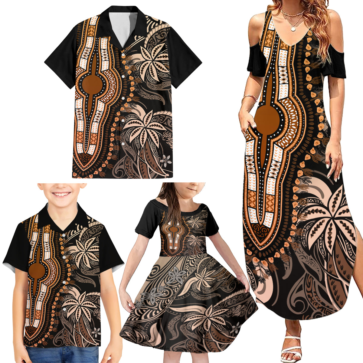 Polynesia Dashiki Family Matching Summer Maxi Dress and Hawaiian Shirt Polynesia and Africa Traditional Special Together Gold - Wonder Print Shop