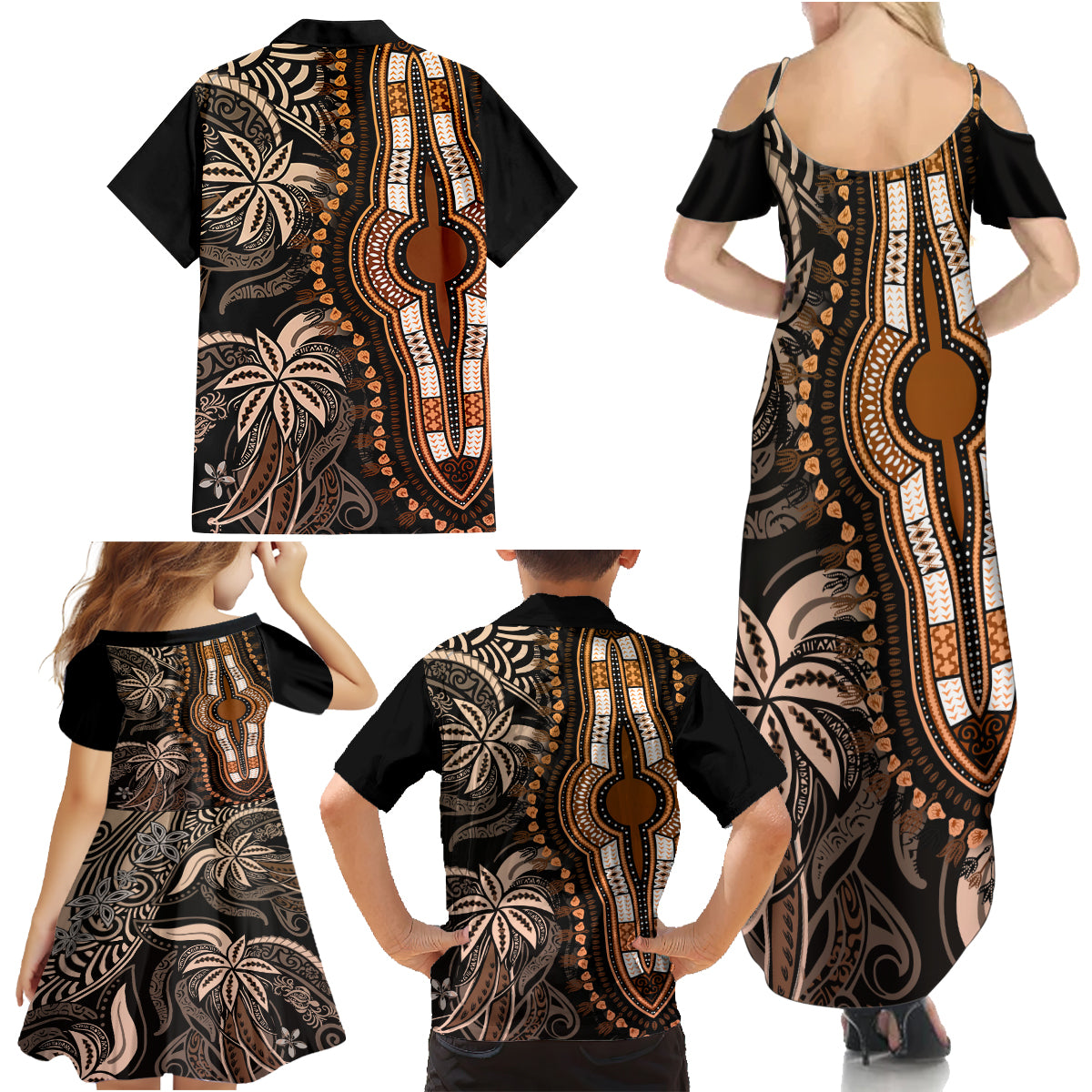 Polynesia Dashiki Family Matching Summer Maxi Dress and Hawaiian Shirt Polynesia and Africa Traditional Special Together Gold - Wonder Print Shop