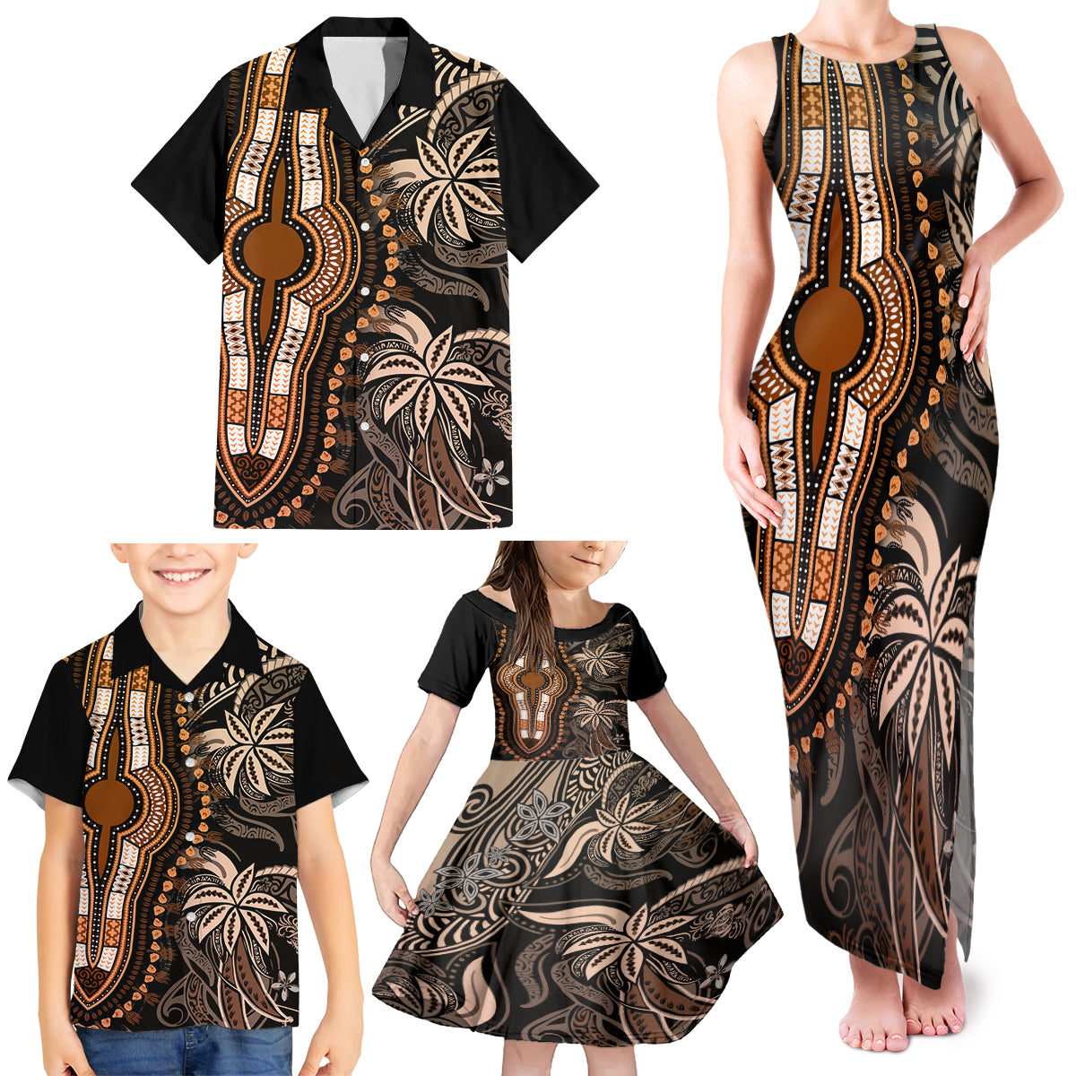 Polynesia Dashiki Family Matching Tank Maxi Dress and Hawaiian Shirt Polynesia and Africa Traditional Special Together Gold - Wonder Print Shop