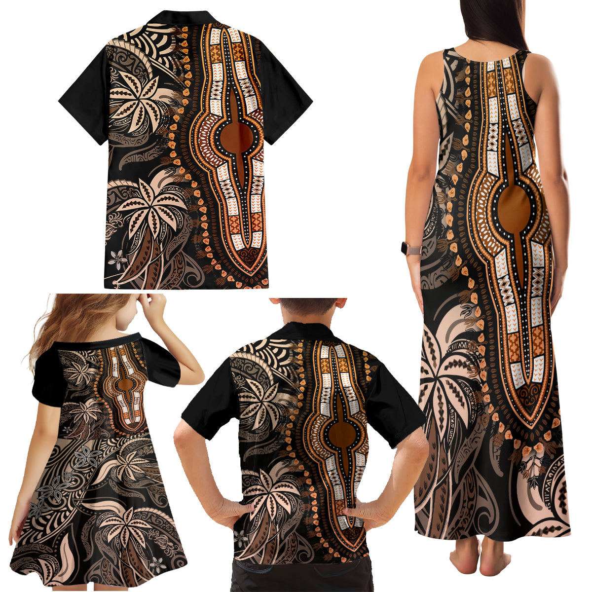Polynesia Dashiki Family Matching Tank Maxi Dress and Hawaiian Shirt Polynesia and Africa Traditional Special Together Gold - Wonder Print Shop