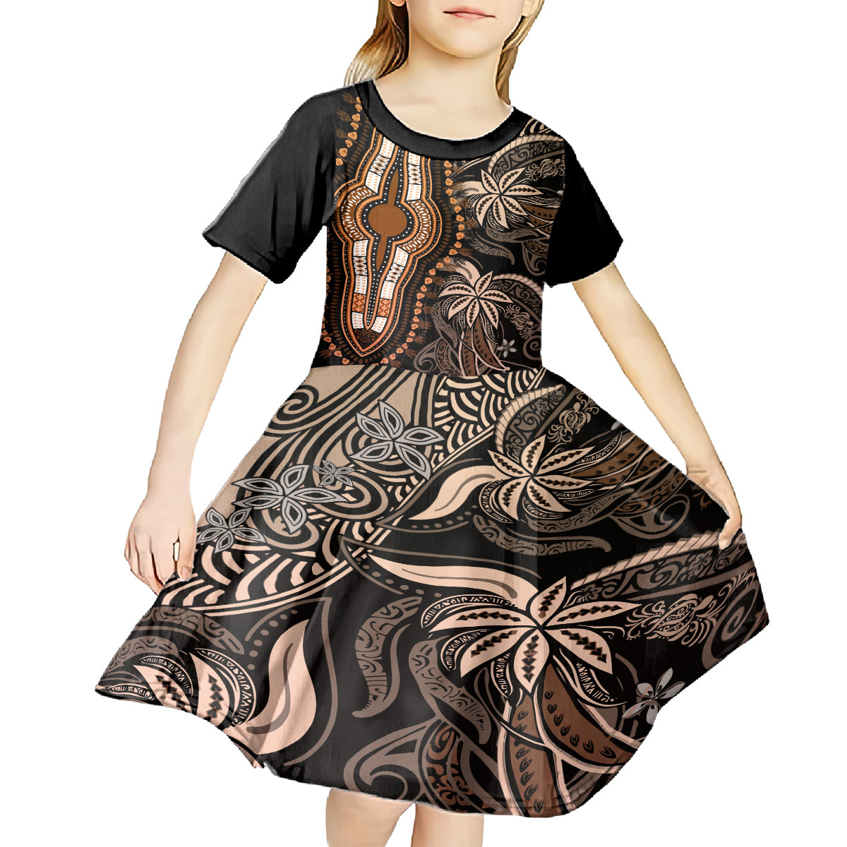 Polynesia Dashiki Kid Short Sleeve Dress Polynesia and Africa Traditional Special Together Gold - Wonder Print Shop