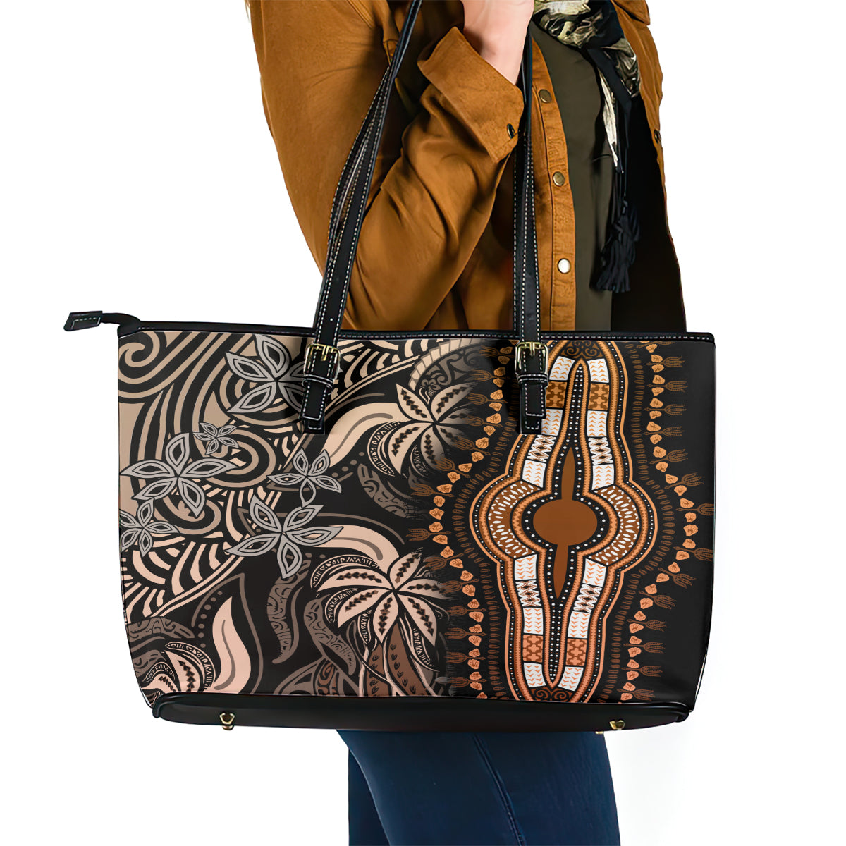 Polynesia Dashiki Leather Tote Bag Polynesia and Africa Traditional Special Together Gold - Wonder Print Shop