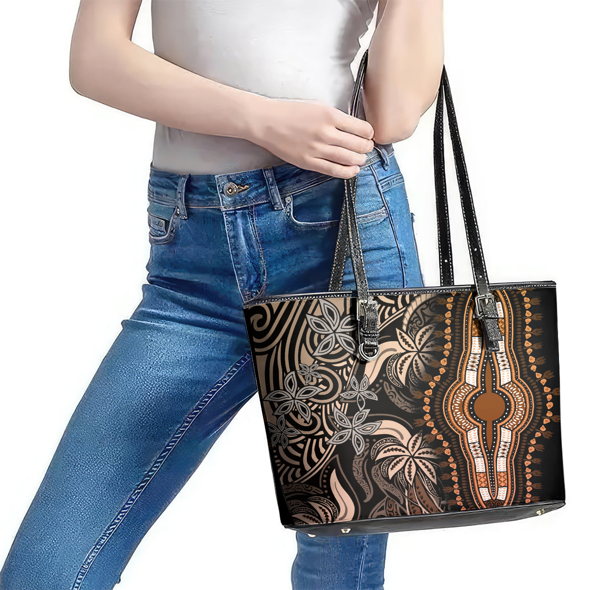 Polynesia Dashiki Leather Tote Bag Polynesia and Africa Traditional Special Together Gold - Wonder Print Shop