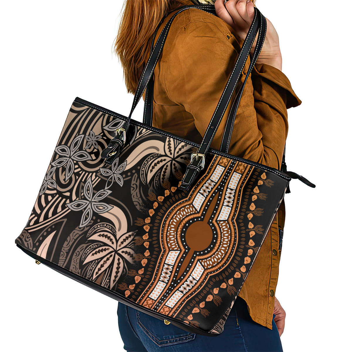 Polynesia Dashiki Leather Tote Bag Polynesia and Africa Traditional Special Together Gold - Wonder Print Shop