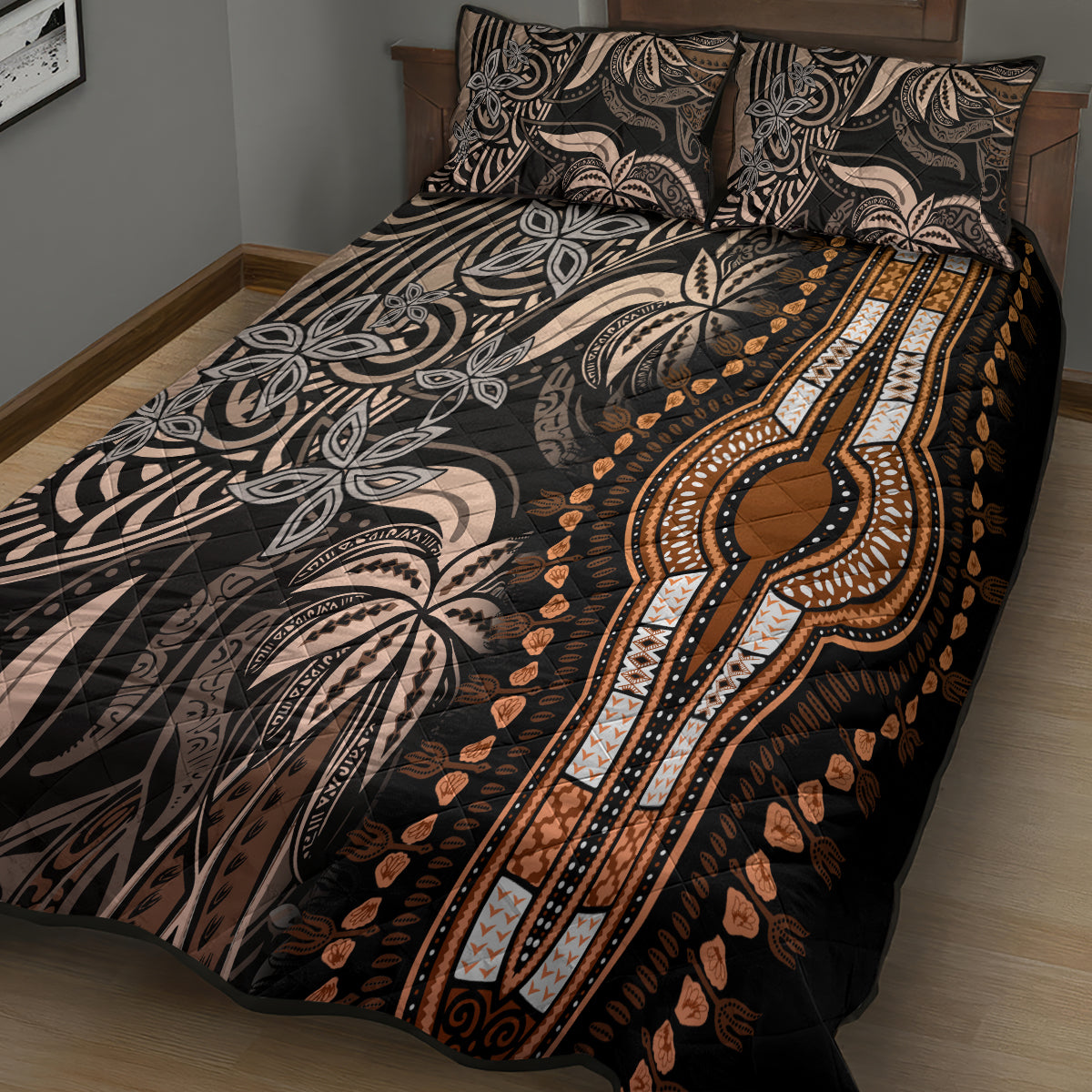 Polynesia Dashiki Quilt Bed Set Polynesia and Africa Traditional Special Together Gold - Wonder Print Shop