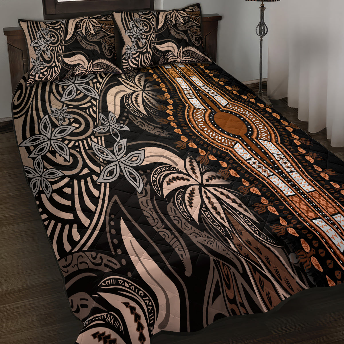 Polynesia Dashiki Quilt Bed Set Polynesia and Africa Traditional Special Together Gold - Wonder Print Shop