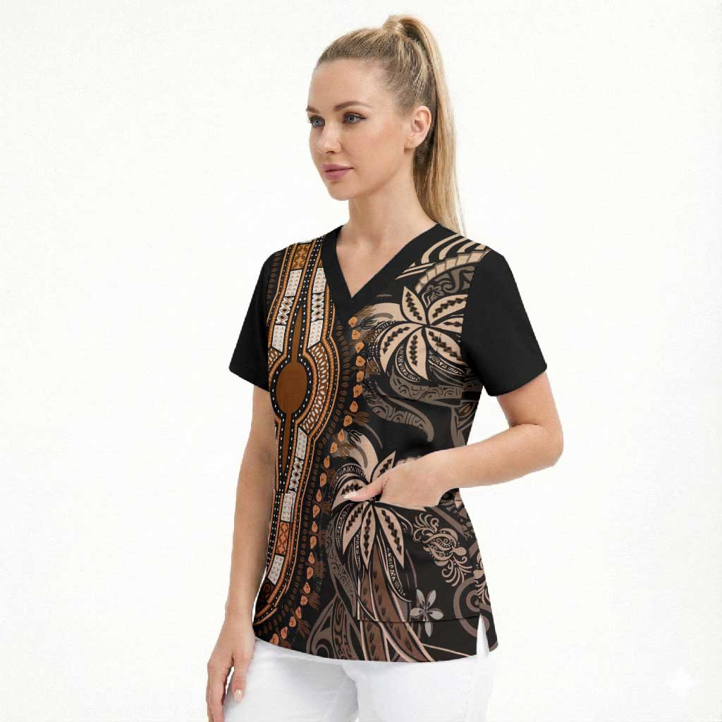 Polynesia Mixed African Dashiki Scrub Top Afro-pacific Culture - Gold