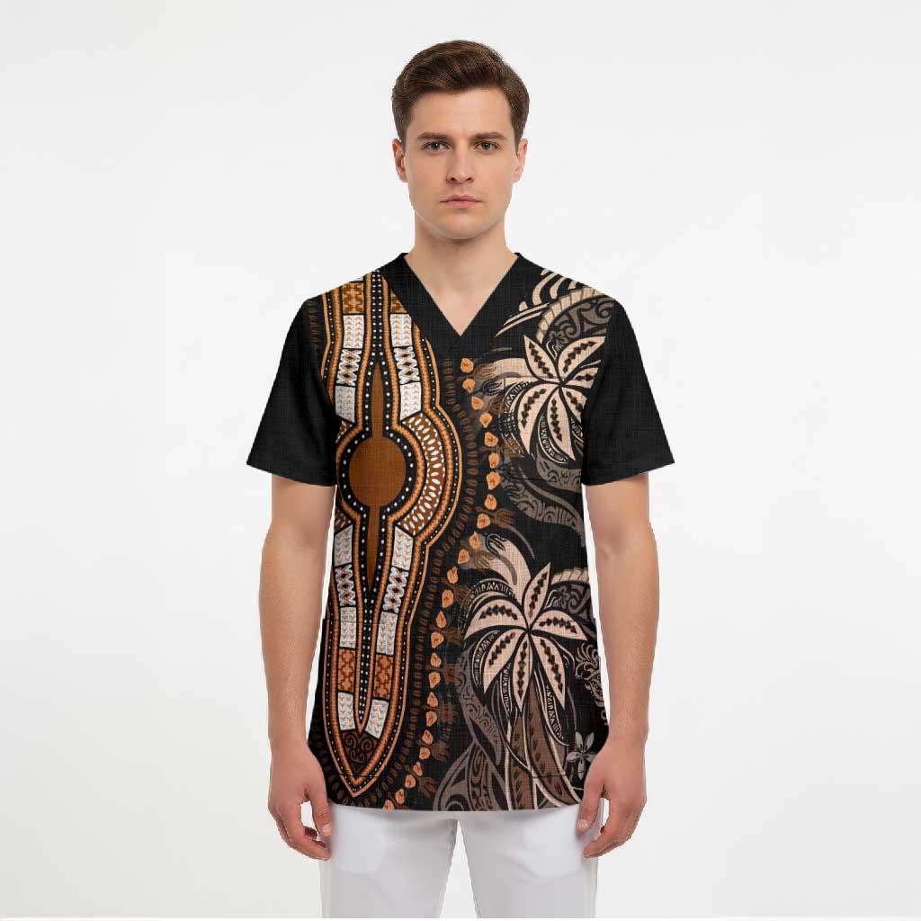 Polynesia Mixed African Dashiki Scrub Top Afro-pacific Culture - Gold