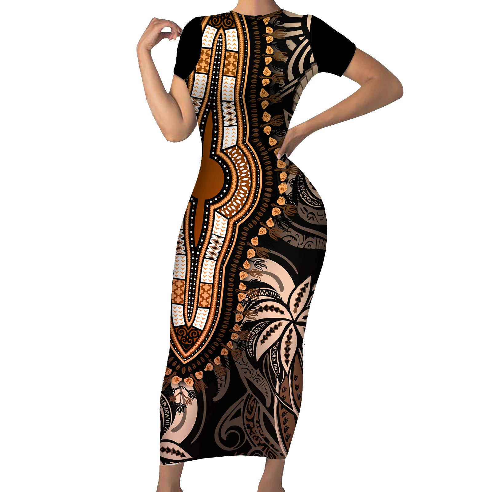 Polynesia Dashiki Short Sleeve Bodycon Dress Polynesia and Africa Traditional Special Together Gold - Wonder Print Shop