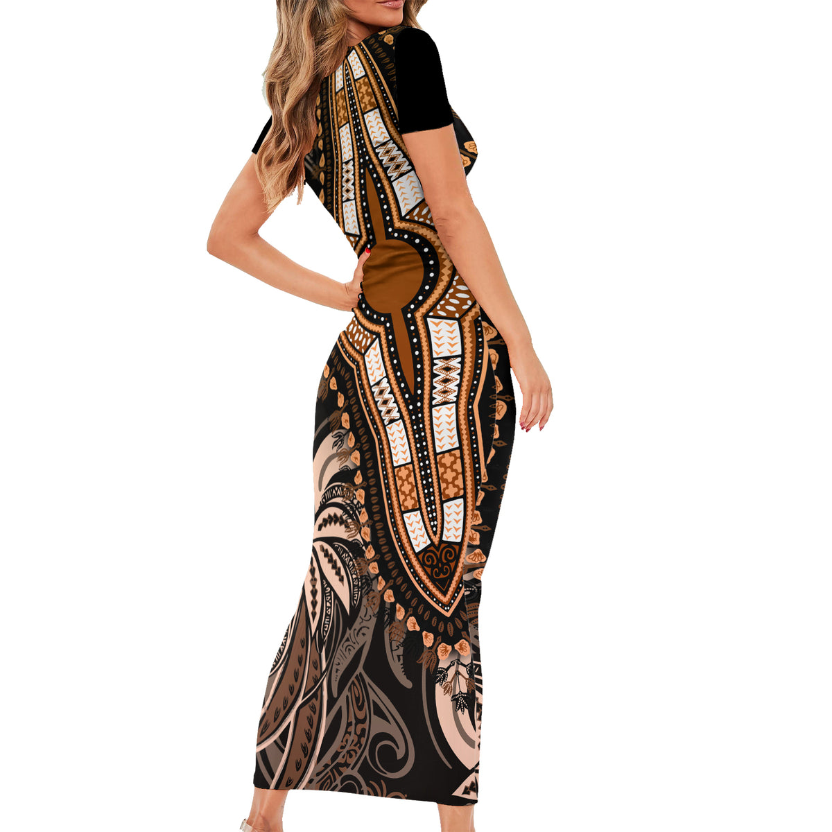 Polynesia Dashiki Short Sleeve Bodycon Dress Polynesia and Africa Traditional Special Together Gold - Wonder Print Shop