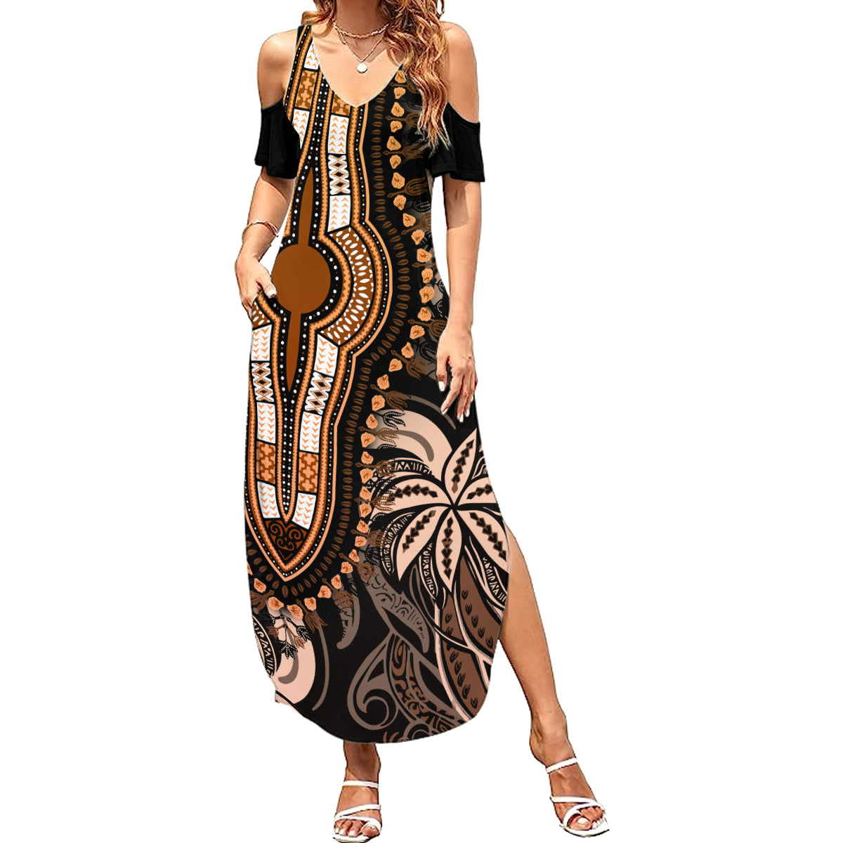 Polynesia Dashiki Summer Maxi Dress Polynesia and Africa Traditional Special Together Gold - Wonder Print Shop