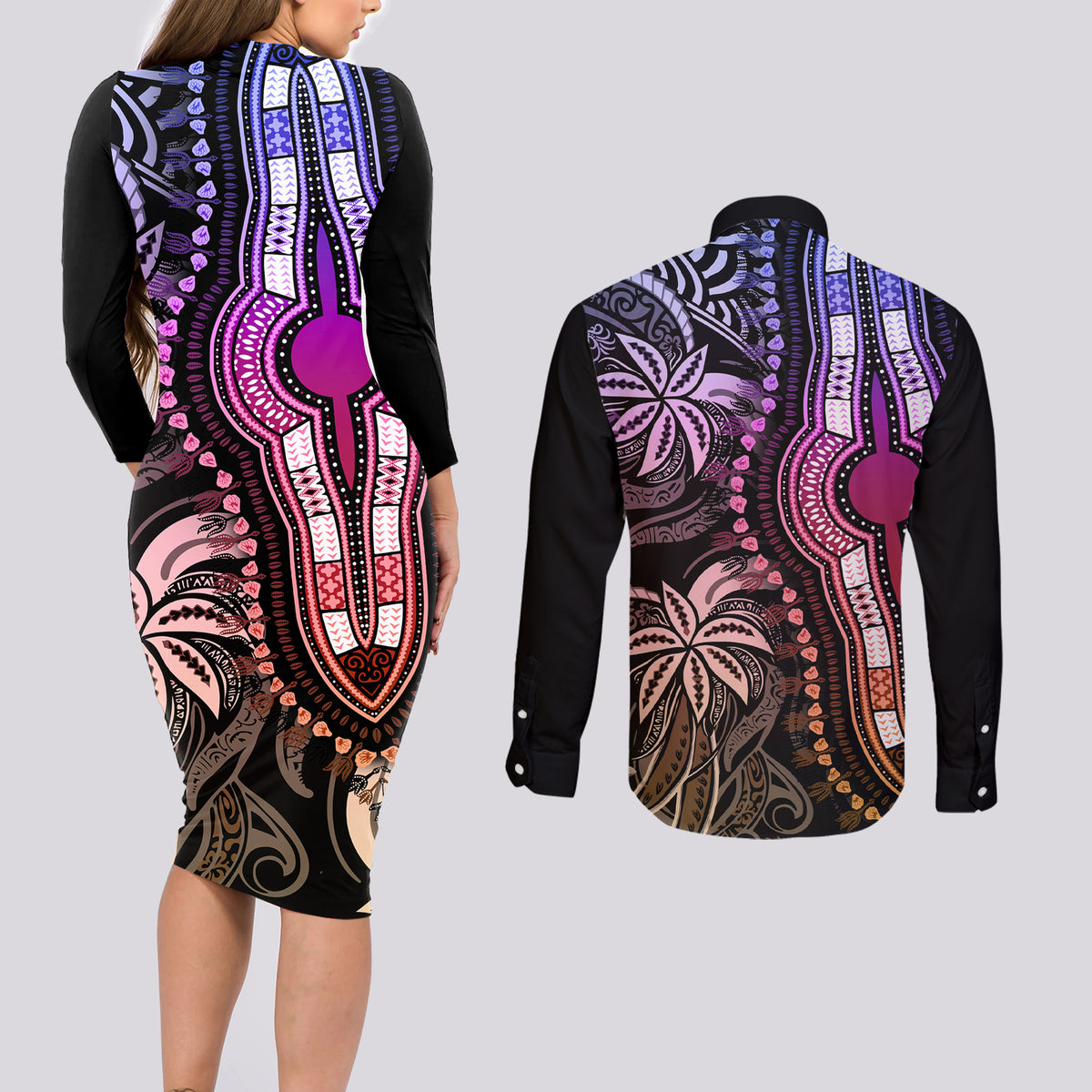 Polynesia Dashiki Couples Matching Long Sleeve Bodycon Dress and Long Sleeve Button Shirts Polynesia and Africa Traditional Special Together Pastel LT9 - Wonder Print Shop