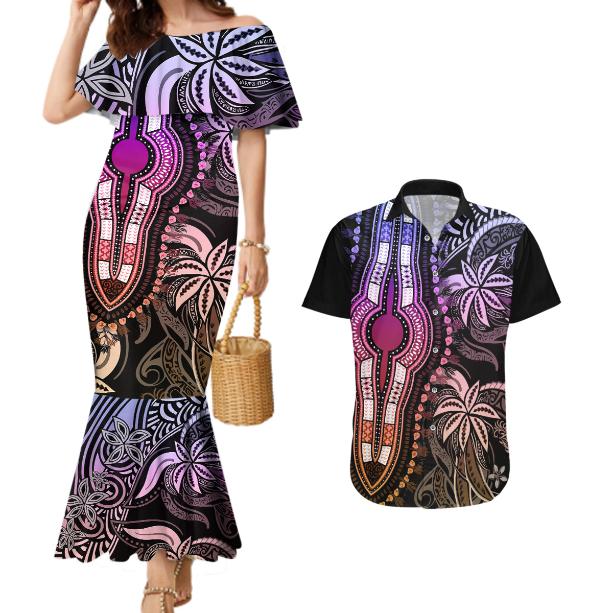 Polynesia Dashiki Couples Matching Mermaid Dress and Hawaiian Shirt Polynesia and Africa Traditional Special Together Pastel LT9 - Wonder Print Shop