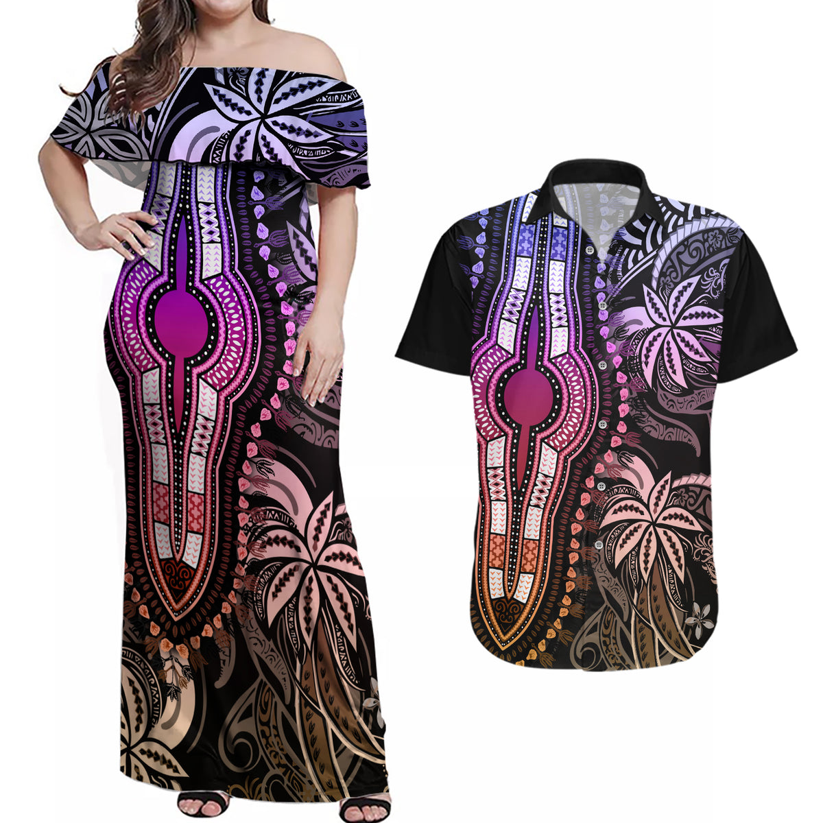 Polynesia Dashiki Couples Matching Off Shoulder Maxi Dress and Hawaiian Shirt Polynesia and Africa Traditional Special Together Pastel LT9 - Wonder Print Shop
