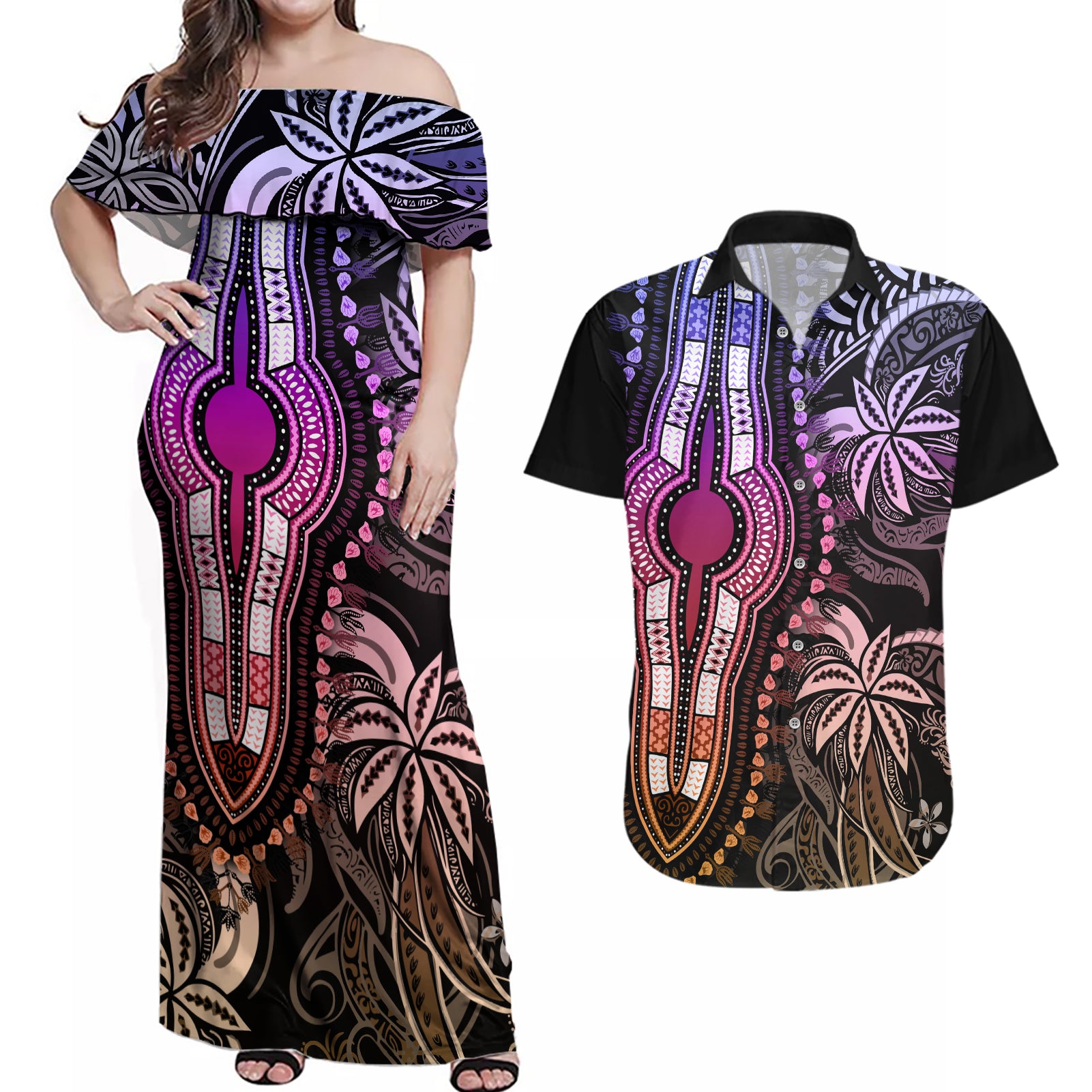 Polynesia Dashiki Couples Matching Off Shoulder Maxi Dress and Hawaiian Shirt Polynesia and Africa Traditional Special Together Pastel LT9 - Wonder Print Shop