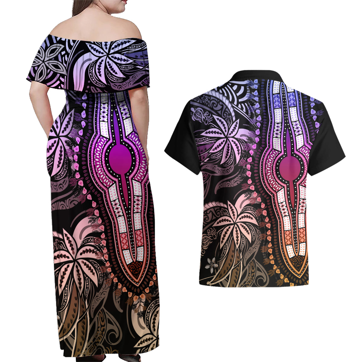 Polynesia Dashiki Couples Matching Off Shoulder Maxi Dress and Hawaiian Shirt Polynesia and Africa Traditional Special Together Pastel LT9 - Wonder Print Shop