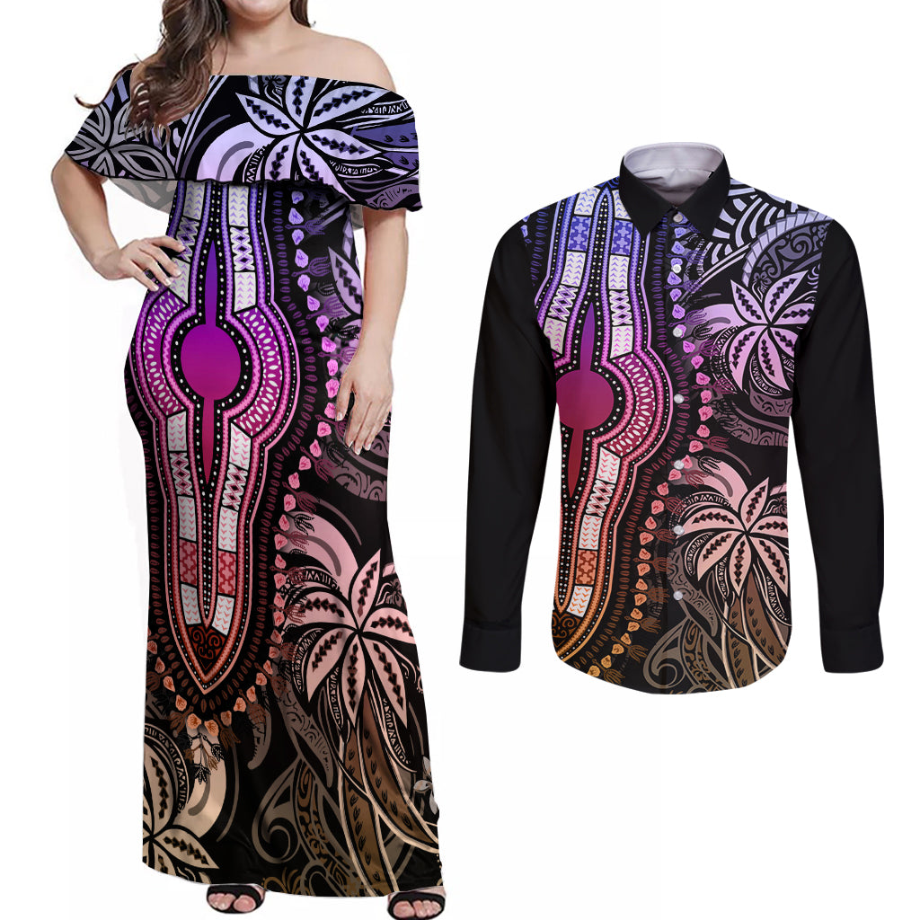 Polynesia Dashiki Couples Matching Off Shoulder Maxi Dress and Long Sleeve Button Shirts Polynesia and Africa Traditional Special Together Pastel LT9 - Wonder Print Shop