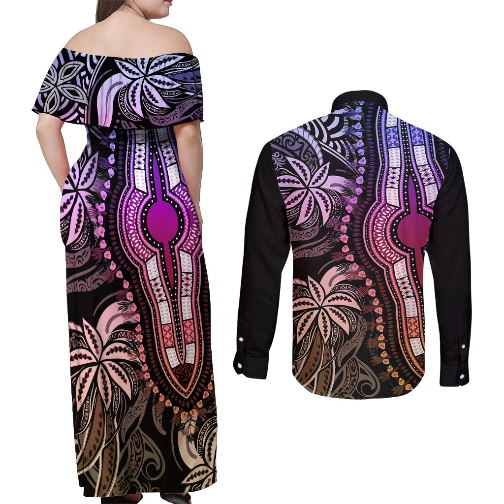 Polynesia Dashiki Couples Matching Off Shoulder Maxi Dress and Long Sleeve Button Shirts Polynesia and Africa Traditional Special Together Pastel LT9 - Wonder Print Shop