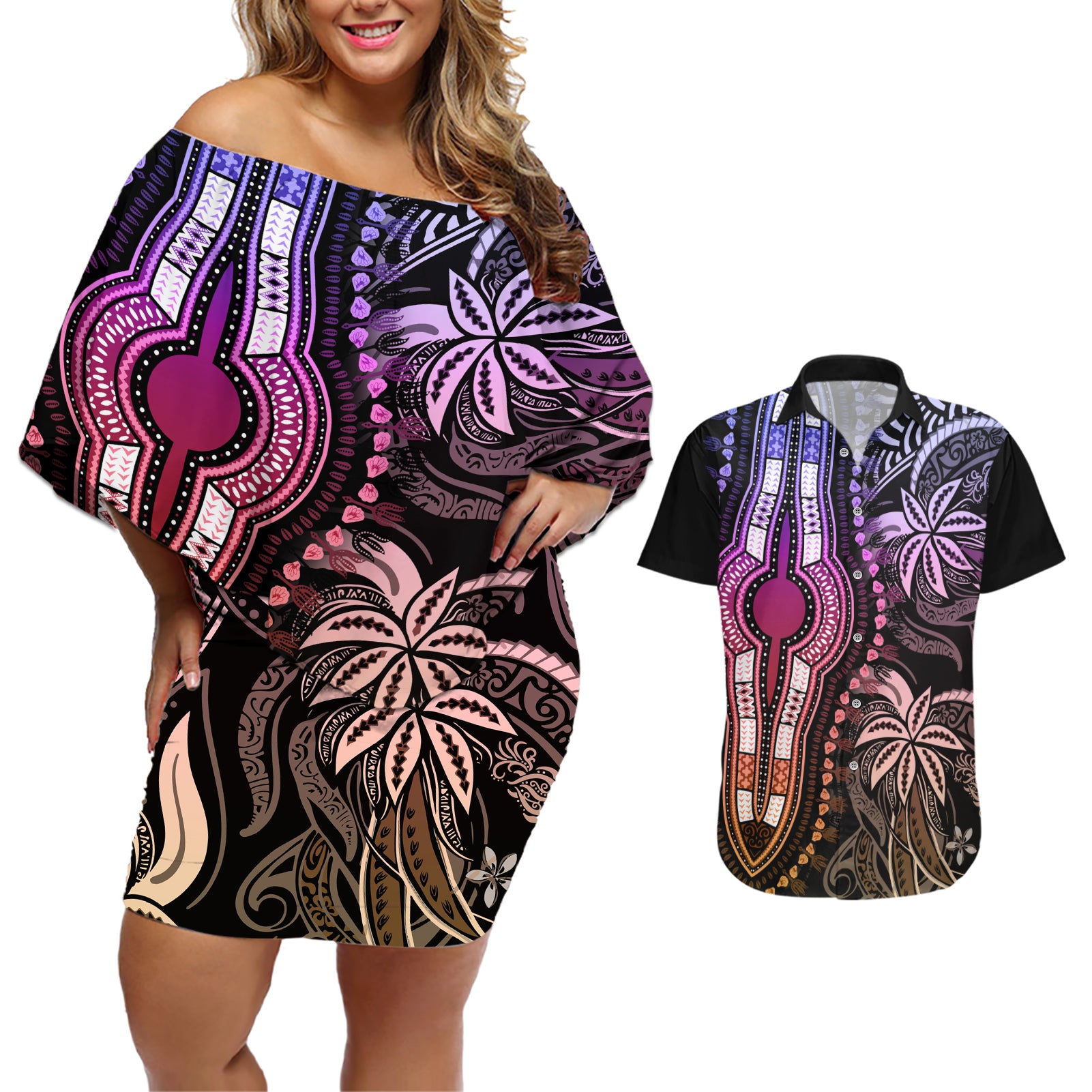 Polynesia Dashiki Couples Matching Off Shoulder Short Dress and Hawaiian Shirt Polynesia and Africa Traditional Special Together Pastel LT9 - Wonder Print Shop