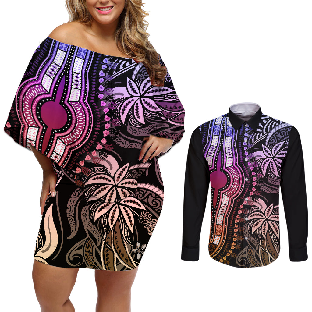 Polynesia Dashiki Couples Matching Off Shoulder Short Dress and Long Sleeve Button Shirts Polynesia and Africa Traditional Special Together Pastel LT9 - Wonder Print Shop