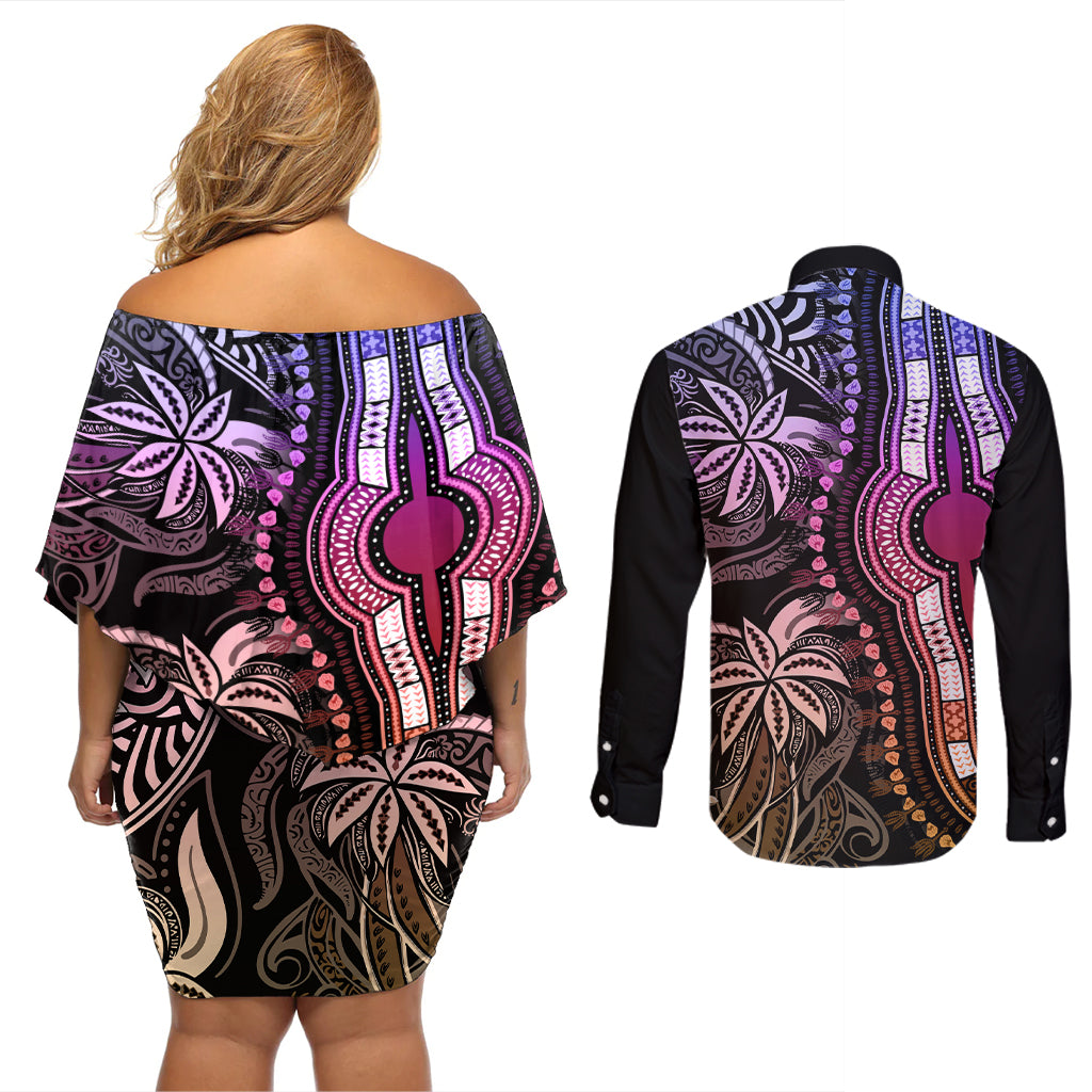 Polynesia Dashiki Couples Matching Off Shoulder Short Dress and Long Sleeve Button Shirts Polynesia and Africa Traditional Special Together Pastel LT9 - Wonder Print Shop