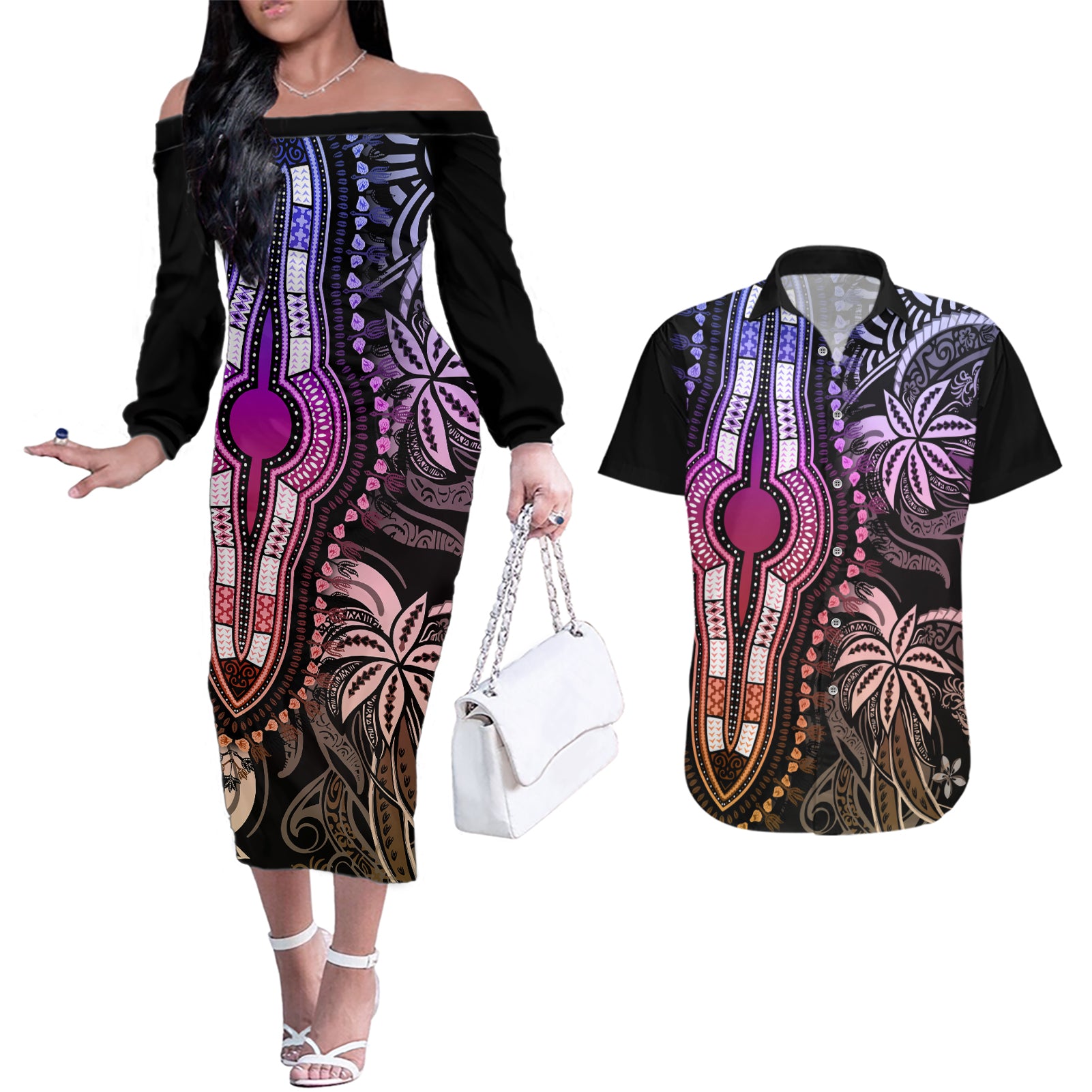 Polynesia Dashiki Couples Matching Off The Shoulder Long Sleeve Dress and Hawaiian Shirt Polynesia and Africa Traditional Special Together Pastel LT9 - Wonder Print Shop
