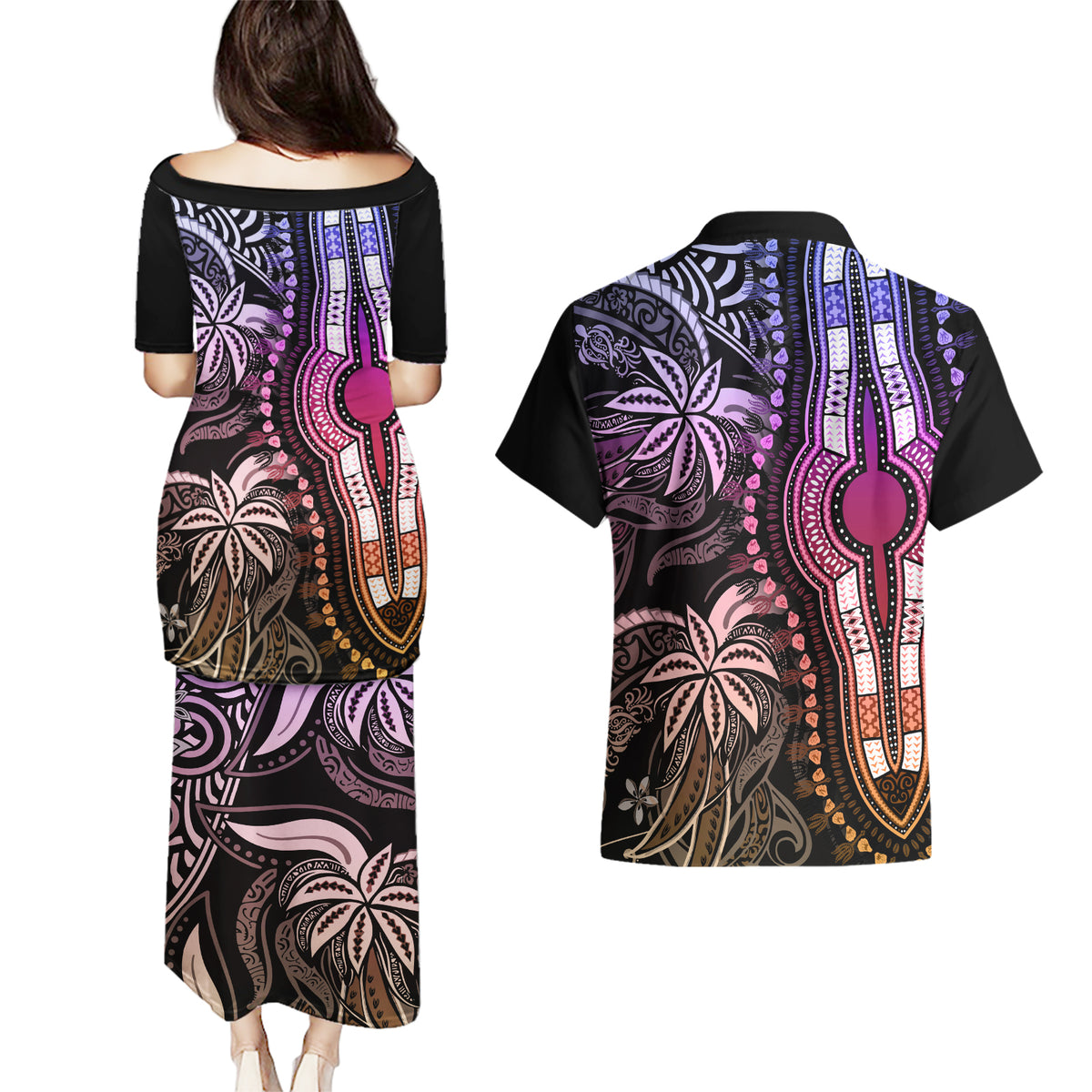 Polynesia Dashiki Couples Matching Puletasi Dress and Hawaiian Shirt Polynesia and Africa Traditional Special Together Pastel LT9 - Wonder Print Shop