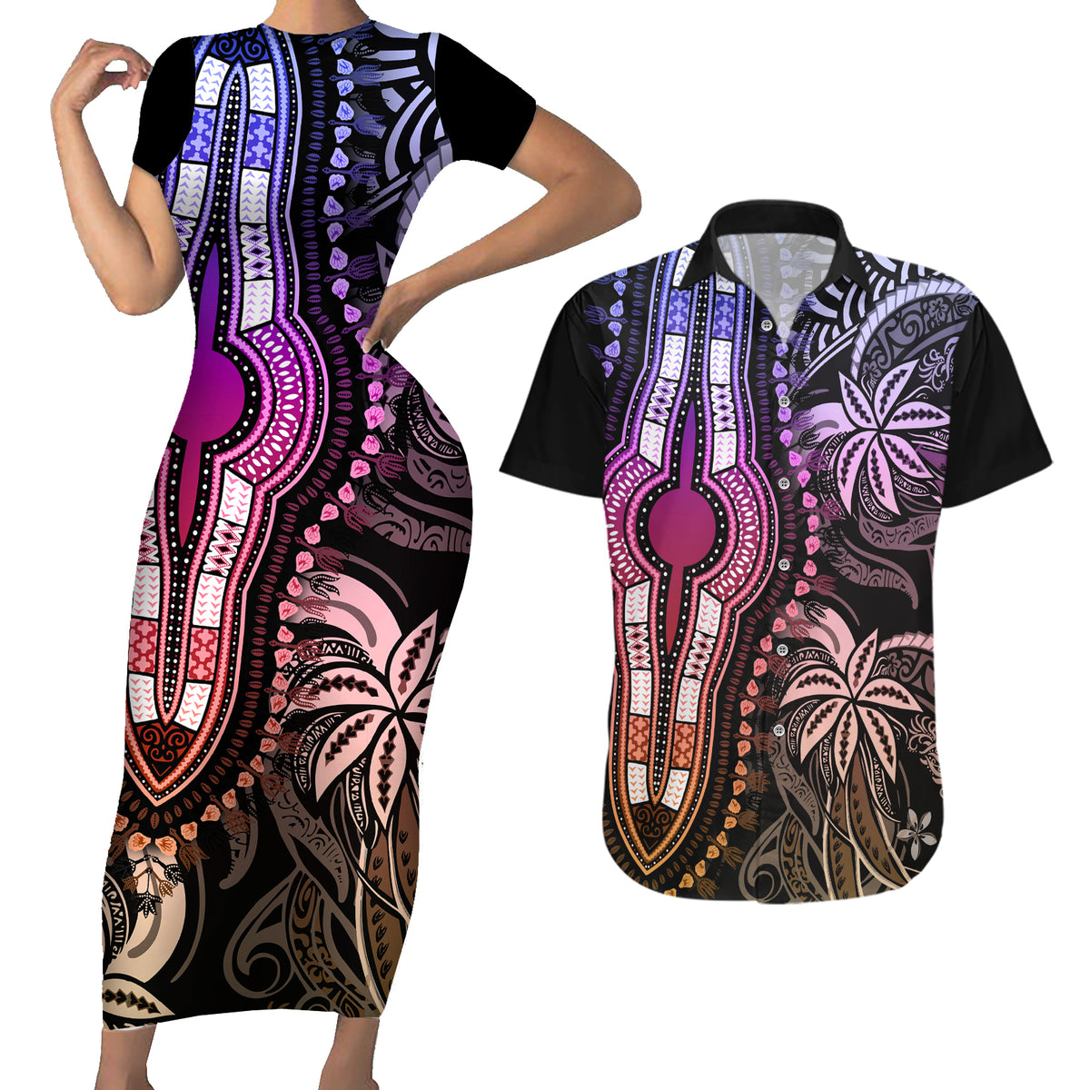 Polynesia Dashiki Couples Matching Short Sleeve Bodycon Dress and Hawaiian Shirt Polynesia and Africa Traditional Special Together Pastel LT9 - Wonder Print Shop
