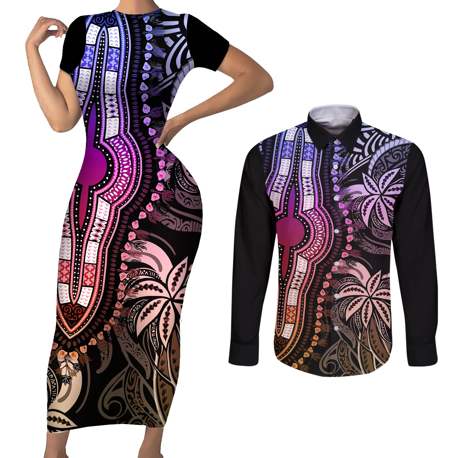 Polynesia Dashiki Couples Matching Short Sleeve Bodycon Dress and Long Sleeve Button Shirts Polynesia and Africa Traditional Special Together Pastel LT9 - Wonder Print Shop