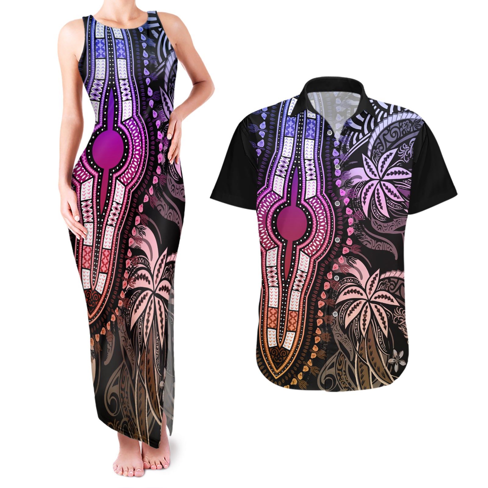 Polynesia Dashiki Couples Matching Tank Maxi Dress and Hawaiian Shirt Polynesia and Africa Traditional Special Together Pastel LT9 - Wonder Print Shop