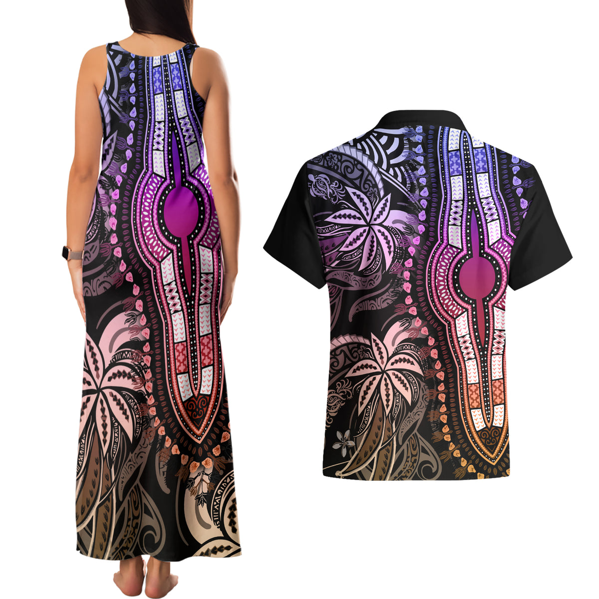 Polynesia Dashiki Couples Matching Tank Maxi Dress and Hawaiian Shirt Polynesia and Africa Traditional Special Together Pastel LT9 - Wonder Print Shop