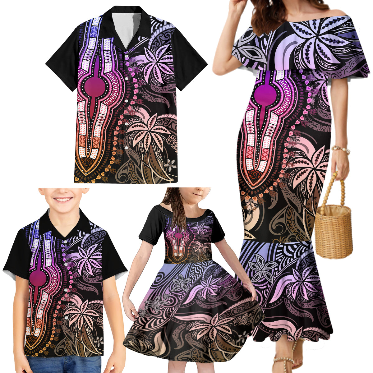 Polynesia Dashiki Family Matching Mermaid Dress and Hawaiian Shirt Polynesia and Africa Traditional Special Together Pastel LT9 - Wonder Print Shop