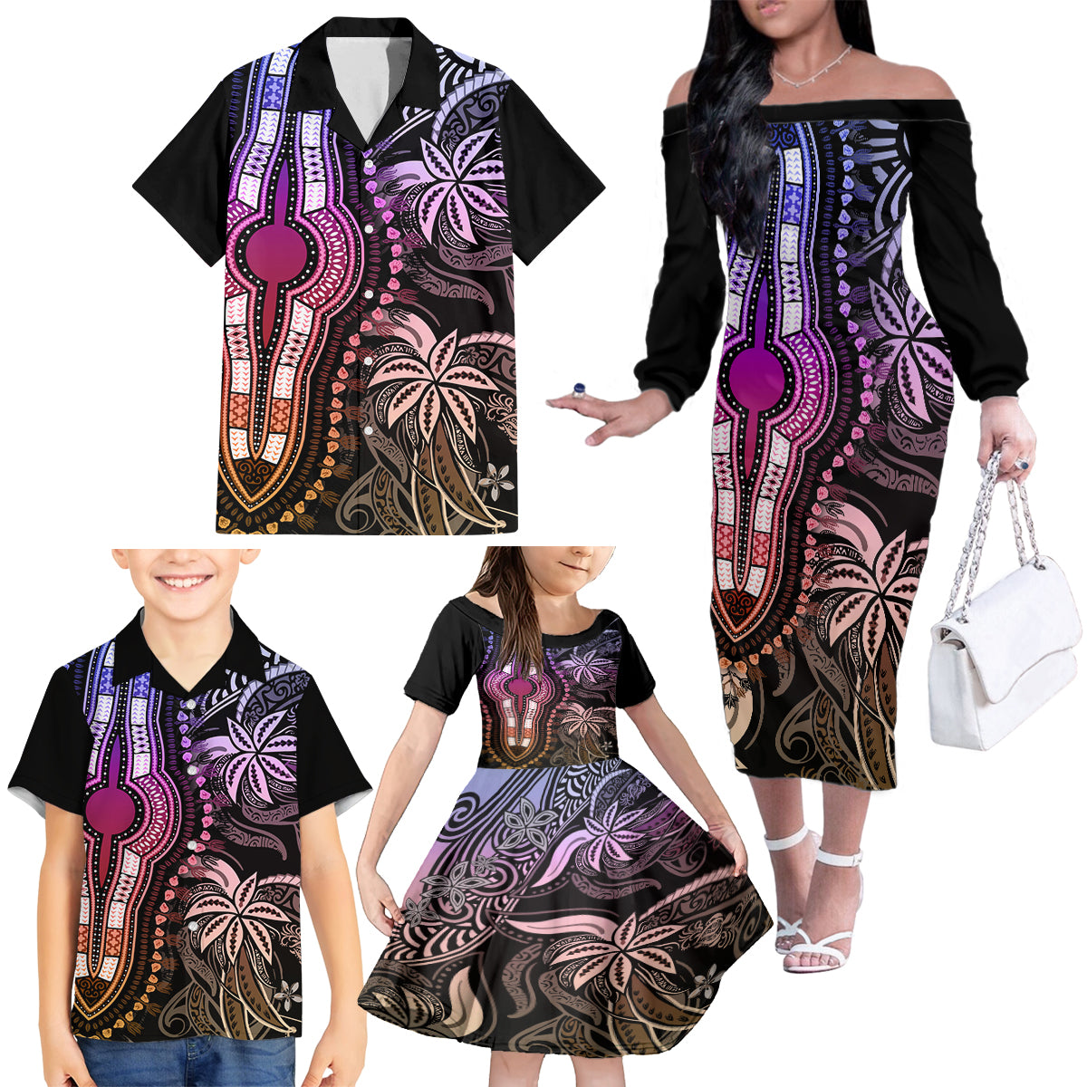 Polynesia Dashiki Family Matching Off Shoulder Long Sleeve Dress and Hawaiian Shirt Polynesia and Africa Traditional Special Together Pastel - Wonder Print Shop