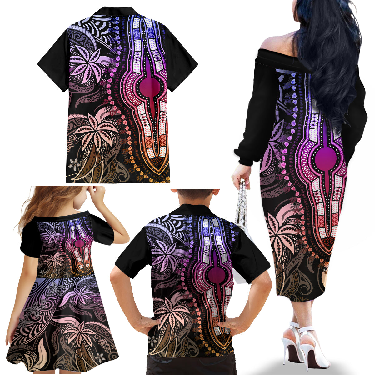 Polynesia Dashiki Family Matching Off Shoulder Long Sleeve Dress and Hawaiian Shirt Polynesia and Africa Traditional Special Together Pastel - Wonder Print Shop
