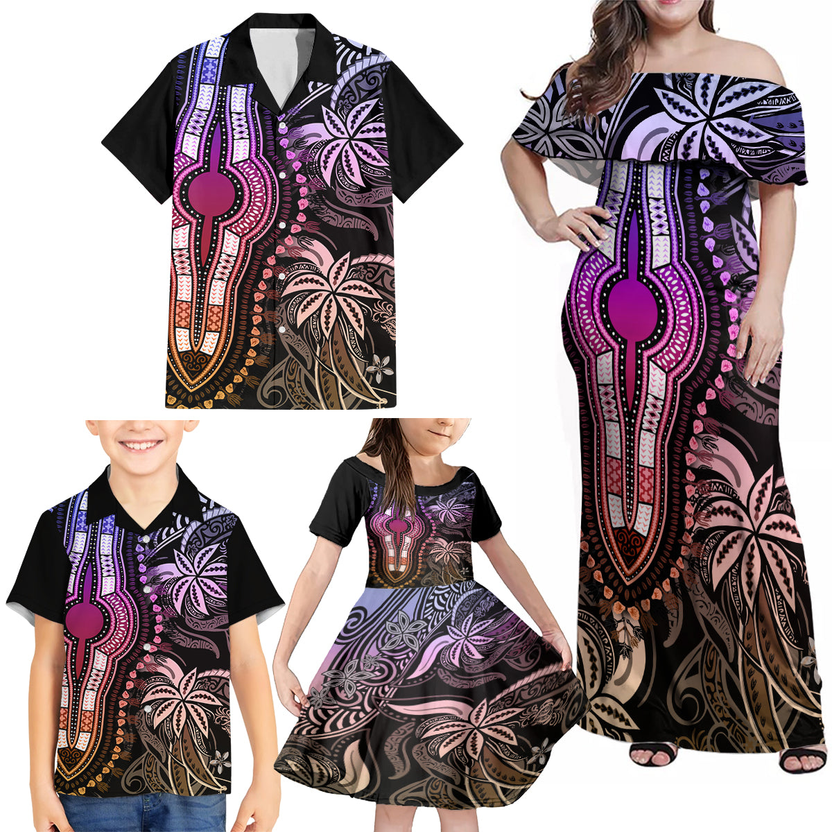 Polynesia Dashiki Family Matching Off Shoulder Maxi Dress and Hawaiian Shirt Polynesia and Africa Traditional Special Together Pastel LT9 - Wonder Print Shop
