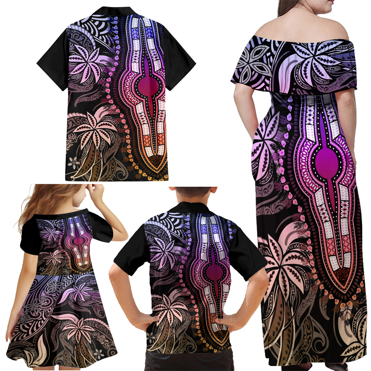 Polynesia Dashiki Family Matching Off Shoulder Maxi Dress and Hawaiian Shirt Polynesia and Africa Traditional Special Together Pastel LT9 - Wonder Print Shop