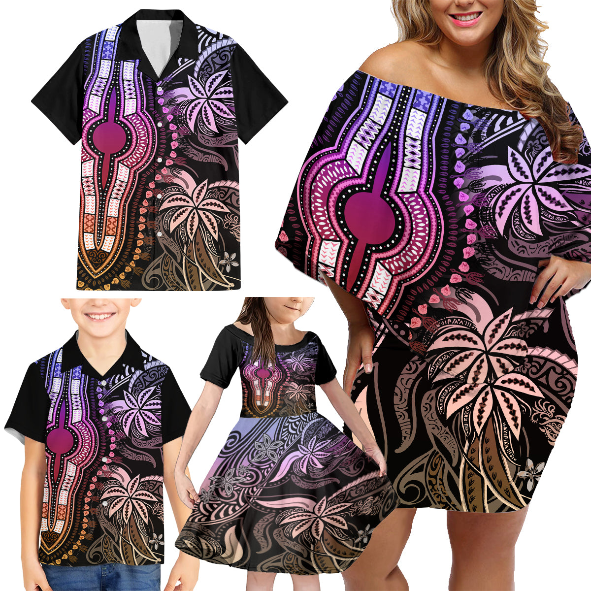 Polynesia Dashiki Family Matching Off Shoulder Short Dress and Hawaiian Shirt Polynesia and Africa Traditional Special Together Pastel LT9 - Wonder Print Shop
