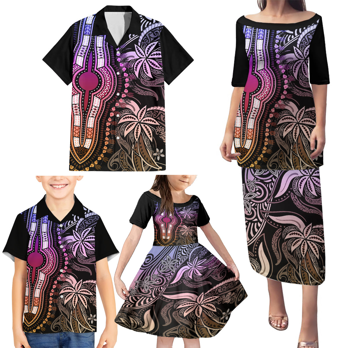 Polynesia Dashiki Family Matching Puletasi Dress and Hawaiian Shirt Polynesia and Africa Traditional Special Together Pastel - Wonder Print Shop