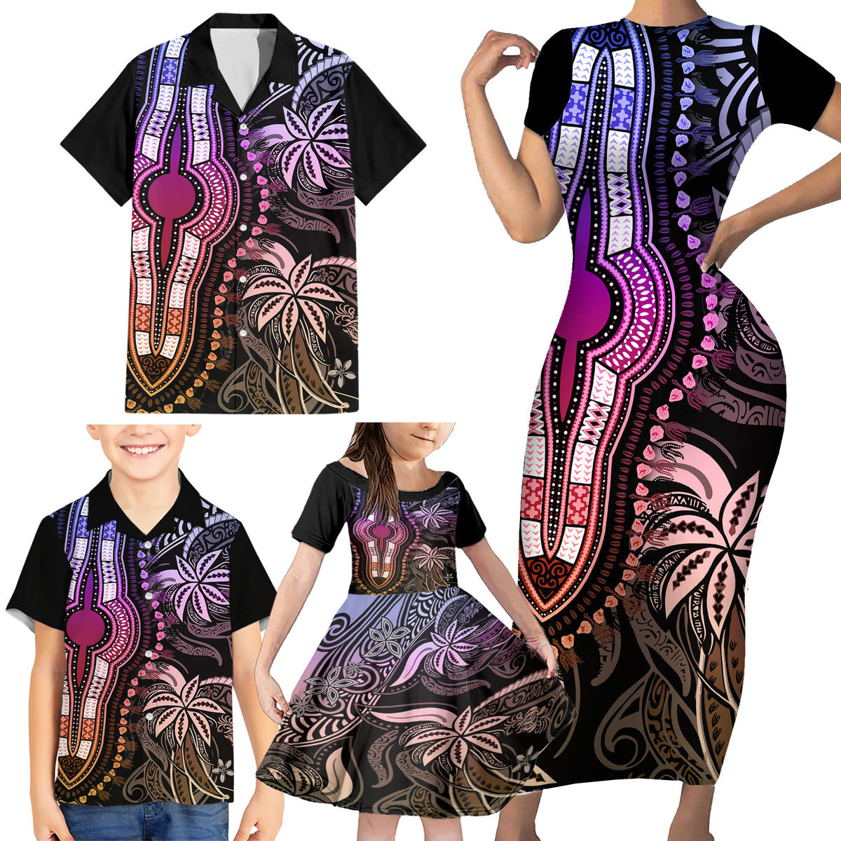 Polynesia Dashiki Family Matching Short Sleeve Bodycon Dress and Hawaiian Shirt Polynesia and Africa Traditional Special Together Pastel - Wonder Print Shop