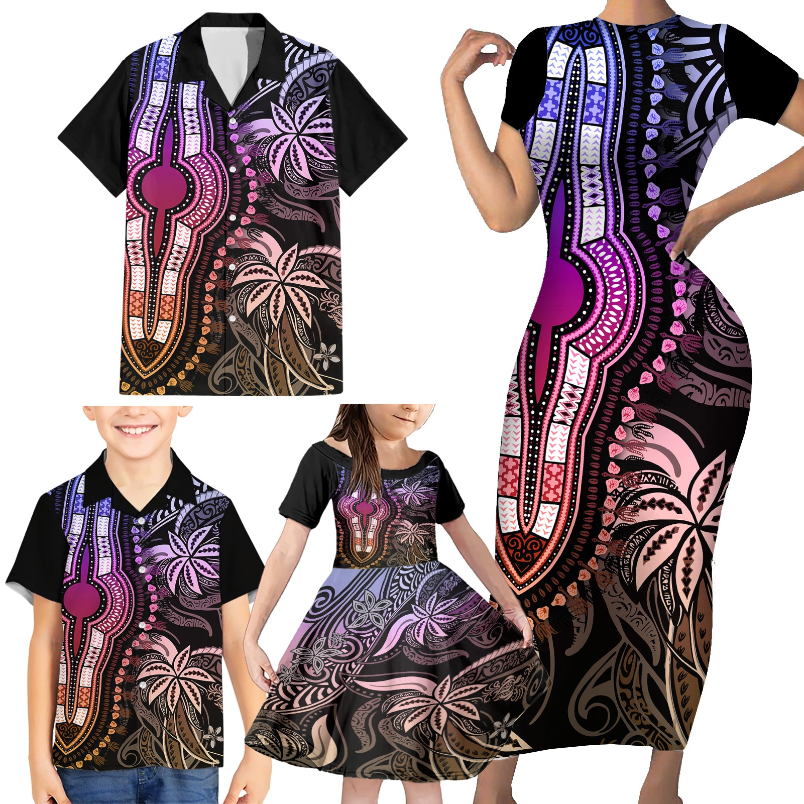 Polynesia Dashiki Family Matching Short Sleeve Bodycon Dress and Hawaiian Shirt Polynesia and Africa Traditional Special Together Pastel - Wonder Print Shop
