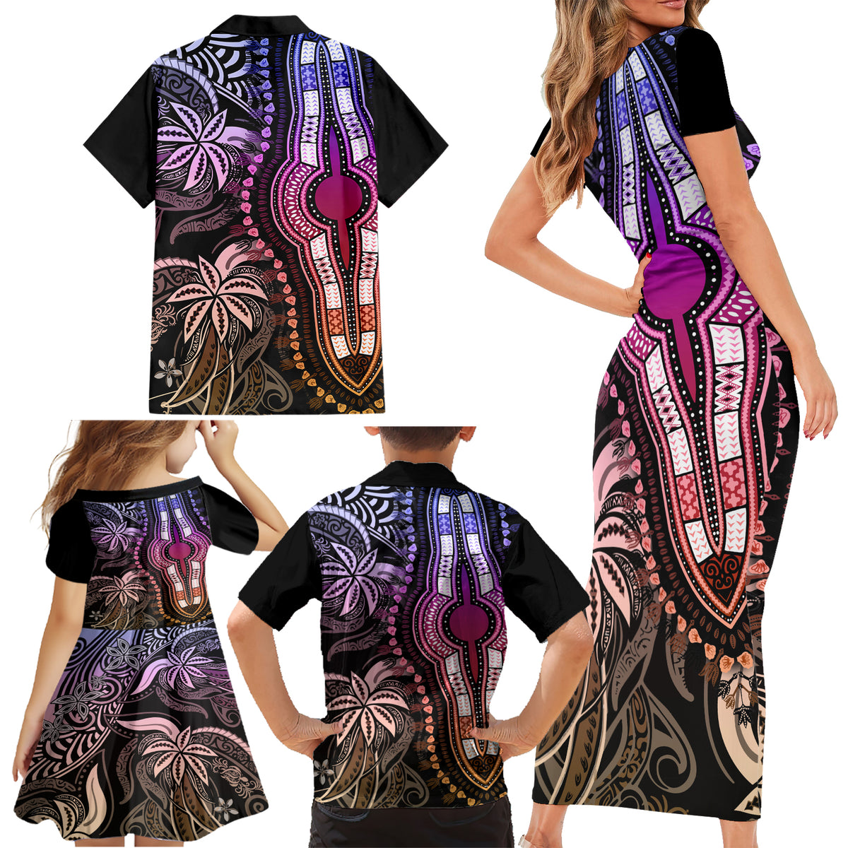 Polynesia Dashiki Family Matching Short Sleeve Bodycon Dress and Hawaiian Shirt Polynesia and Africa Traditional Special Together Pastel - Wonder Print Shop