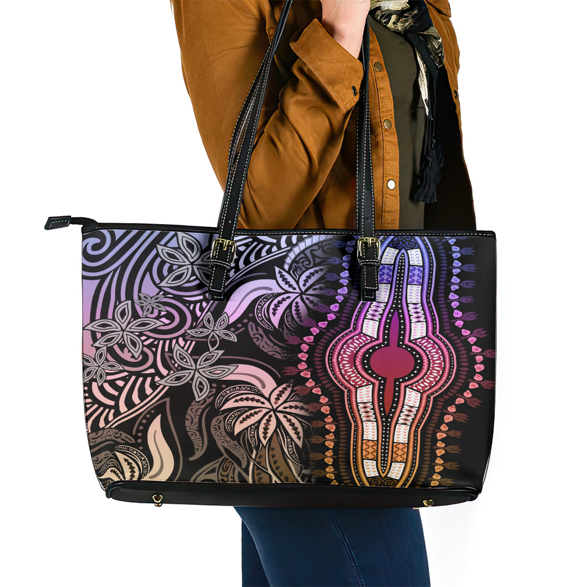 Polynesia Dashiki Leather Tote Bag Polynesia and Africa Traditional Special Together Pastel - Wonder Print Shop